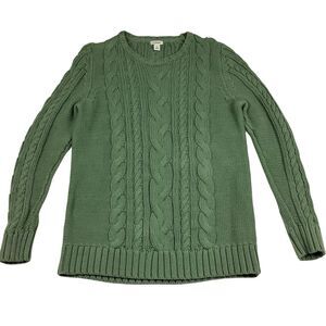 LL Bean Women L Tall Cable Knit Sweater Light Green Cotton Crew Neck Long Sleeve